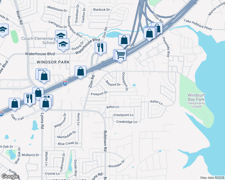 map of restaurants, bars, coffee shops, grocery stores, and more near 4733 Freeport Drive in Garland