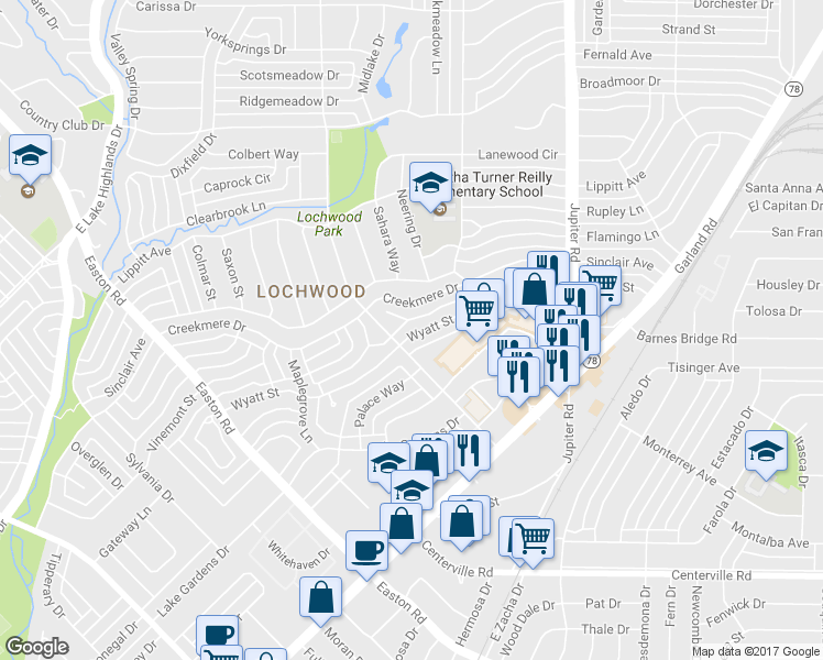 map of restaurants, bars, coffee shops, grocery stores, and more near 11017 Wyatt Street in Dallas