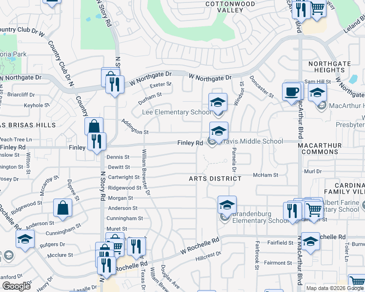 map of restaurants, bars, coffee shops, grocery stores, and more near 1815 Finley Road in Irving