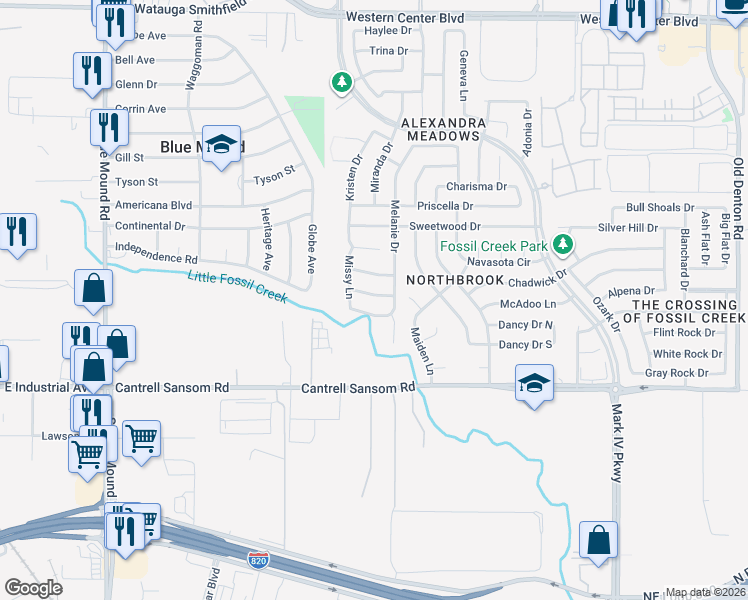 map of restaurants, bars, coffee shops, grocery stores, and more near 2132 Ingrid Lane in Fort Worth