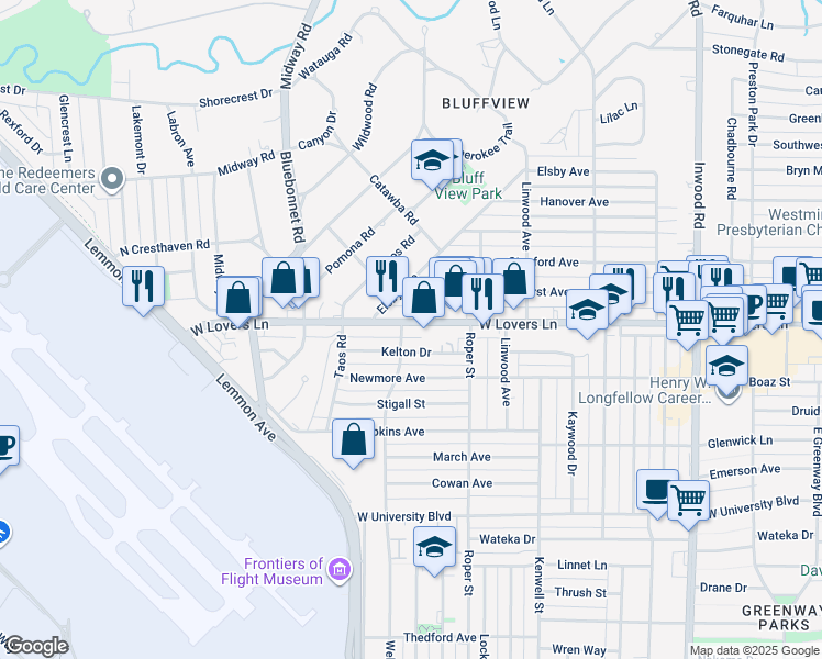map of restaurants, bars, coffee shops, grocery stores, and more near 4503 West Lovers Lane in Dallas