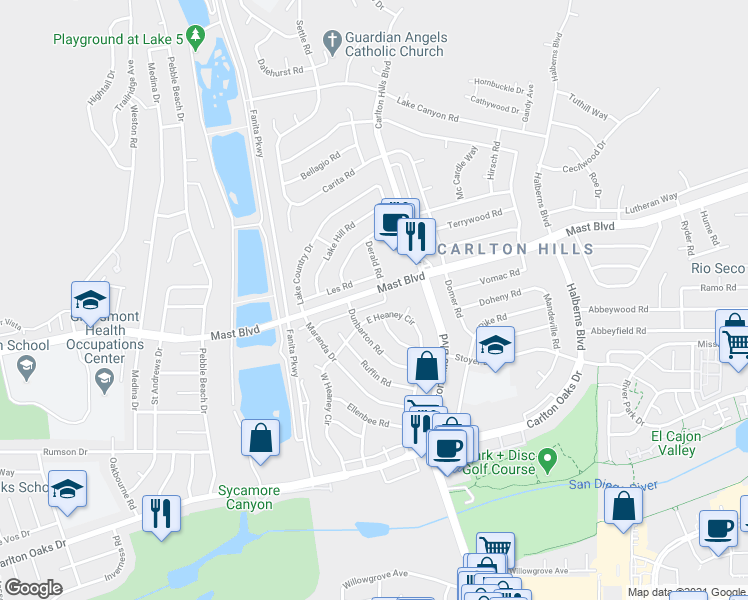 map of restaurants, bars, coffee shops, grocery stores, and more near 9227 Les Road in Santee