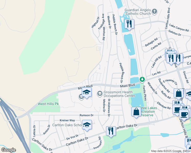 map of restaurants, bars, coffee shops, grocery stores, and more near 8748 Chaparral Street in Santee
