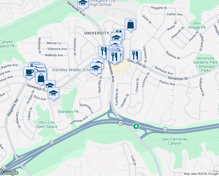 map of restaurants, bars, coffee shops, grocery stores, and more near 6275 Caminito Araya in San Diego