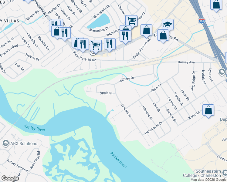 map of restaurants, bars, coffee shops, grocery stores, and more near 4611 Withers Drive in North Charleston