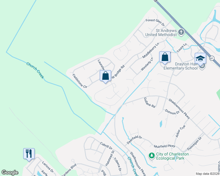 map of restaurants, bars, coffee shops, grocery stores, and more near 7179 Windmill Creek Road in Charleston