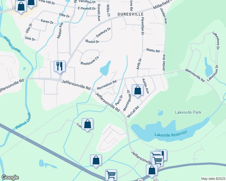 map of restaurants, bars, coffee shops, grocery stores, and more near 2295 Recreation Road in Macon
