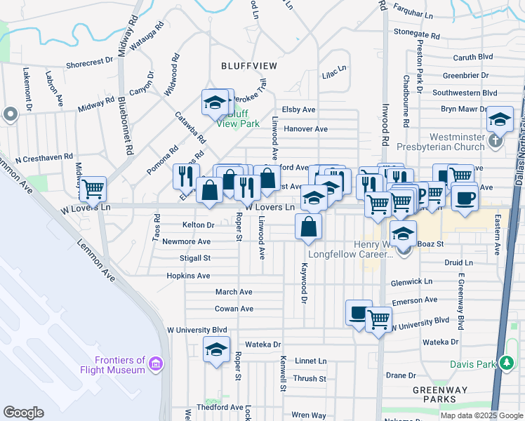 map of restaurants, bars, coffee shops, grocery stores, and more near 4719 West Lovers Lane in Dallas