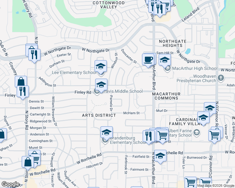 map of restaurants, bars, coffee shops, grocery stores, and more near 1517 Finley Road in Irving