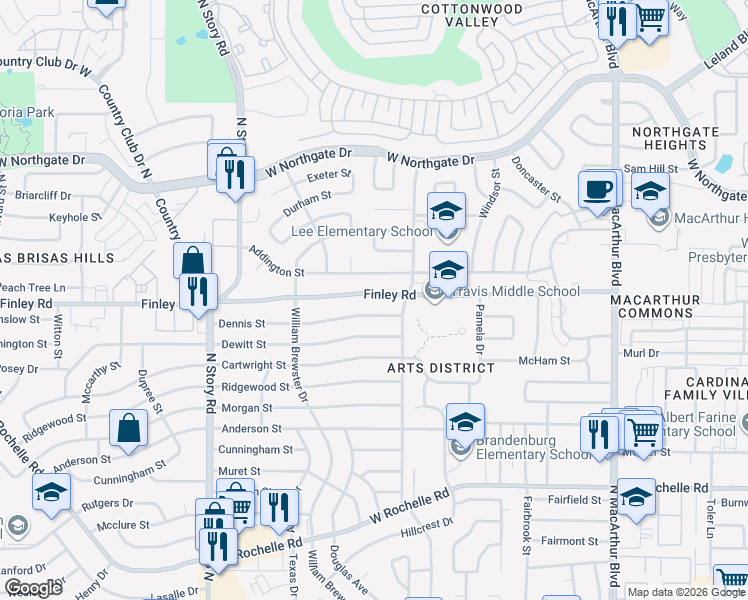 map of restaurants, bars, coffee shops, grocery stores, and more near 1815 Finley Road in Irving