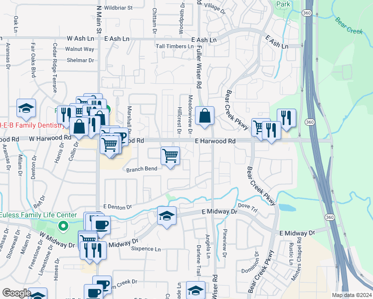 map of restaurants, bars, coffee shops, grocery stores, and more near 1100 Hillcrest Drive in Euless
