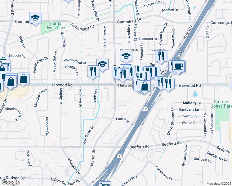 map of restaurants, bars, coffee shops, grocery stores, and more near 3030 Harwood Road in Bedford