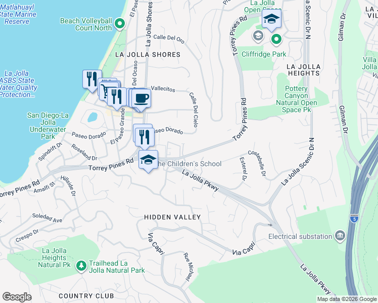 map of restaurants, bars, coffee shops, grocery stores, and more near 2420 Torrey Pines Road in San Diego