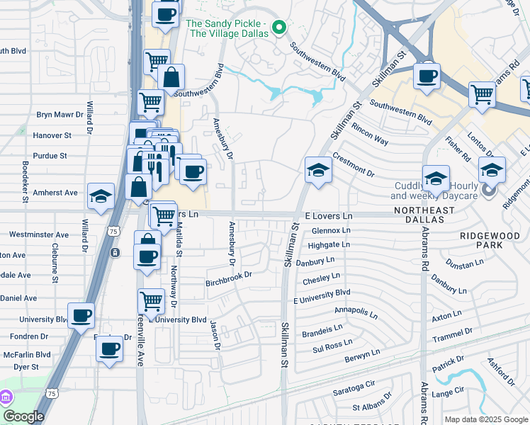 map of restaurants, bars, coffee shops, grocery stores, and more near 6051 East Lovers Lane in Dallas