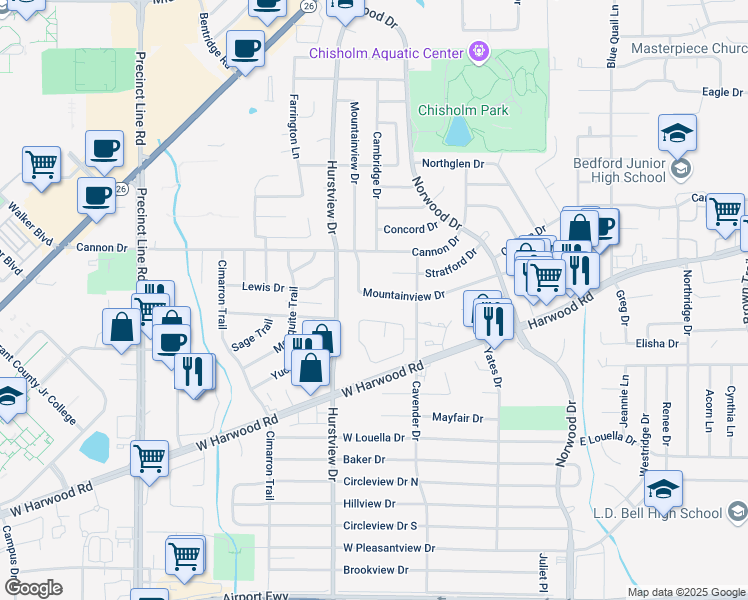 map of restaurants, bars, coffee shops, grocery stores, and more near 428 Mountainview Drive in Hurst