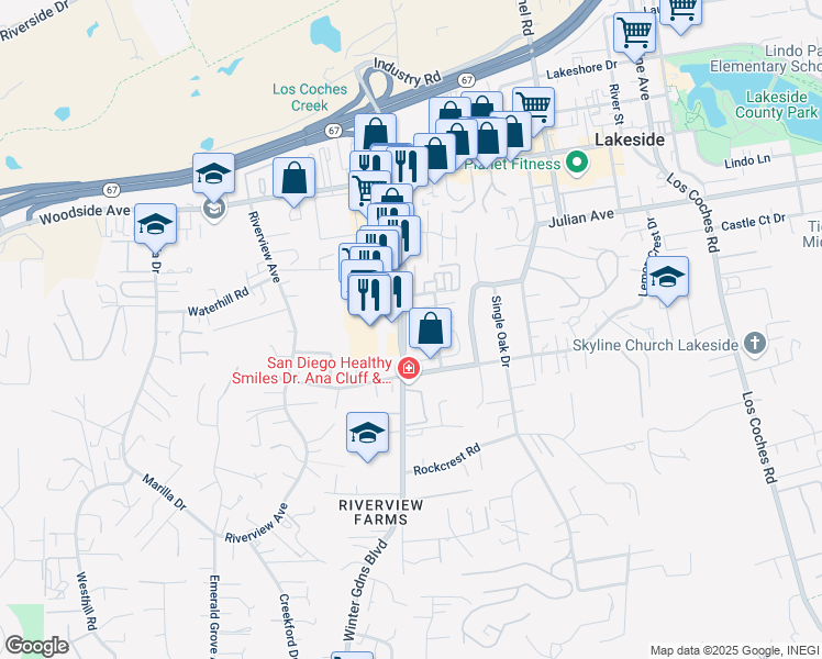 map of restaurants, bars, coffee shops, grocery stores, and more near in Winter Gardens