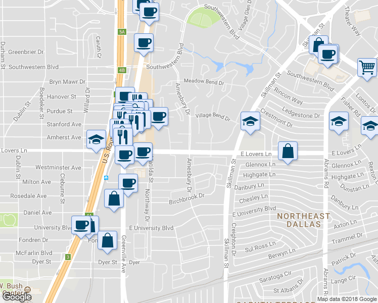 map of restaurants, bars, coffee shops, grocery stores, and more near 5356 Amesbury Drive in Dallas