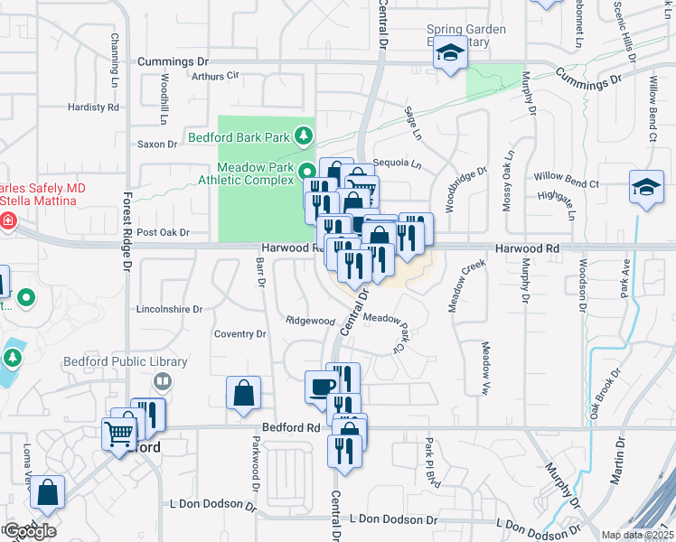 map of restaurants, bars, coffee shops, grocery stores, and more near 2100 Harwood Road in Bedford