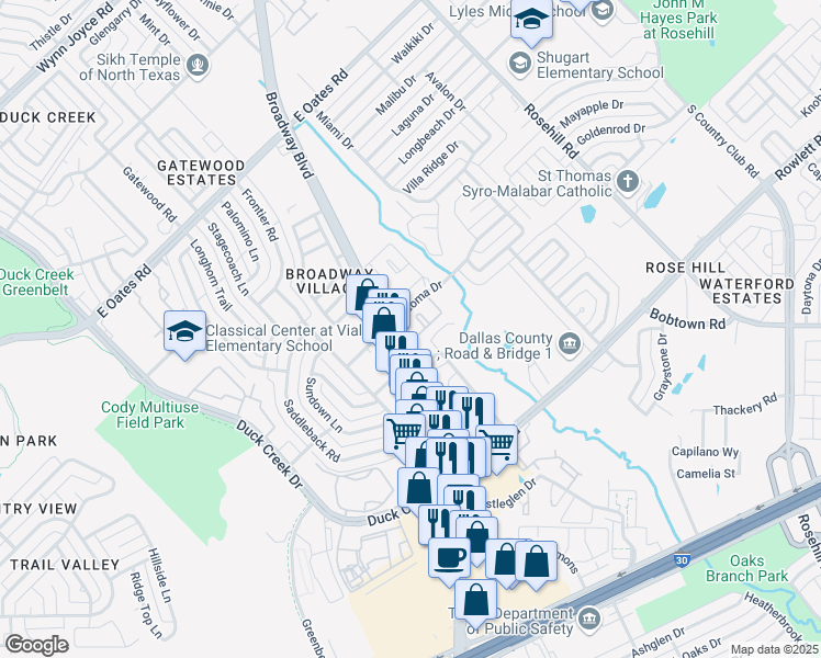 map of restaurants, bars, coffee shops, grocery stores, and more near 522 Tacoma Drive in Garland