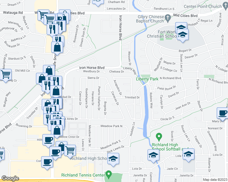 map of restaurants, bars, coffee shops, grocery stores, and more near 5712 Caracas Drive in Fort Worth