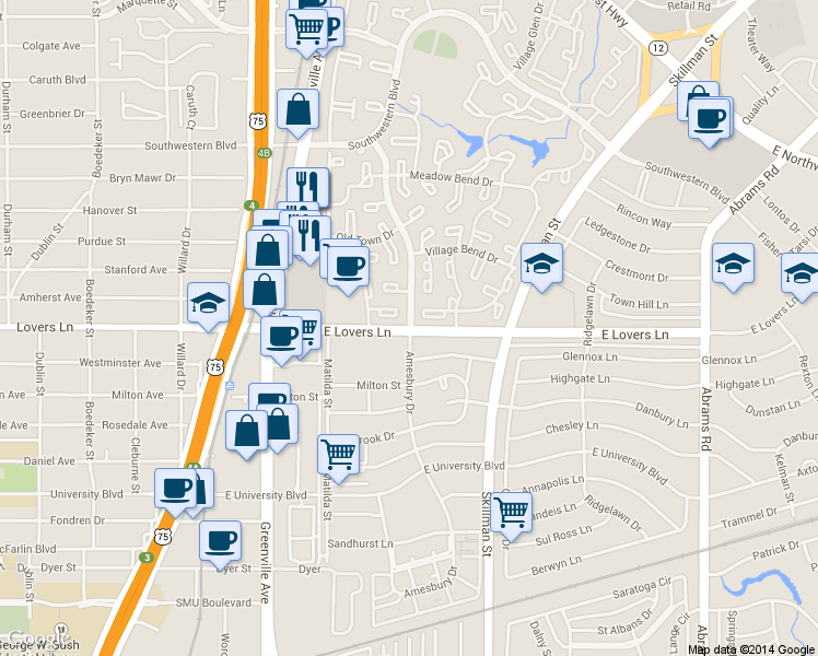 map of restaurants, bars, coffee shops, grocery stores, and more near 6003 East Lovers Lane in Dallas