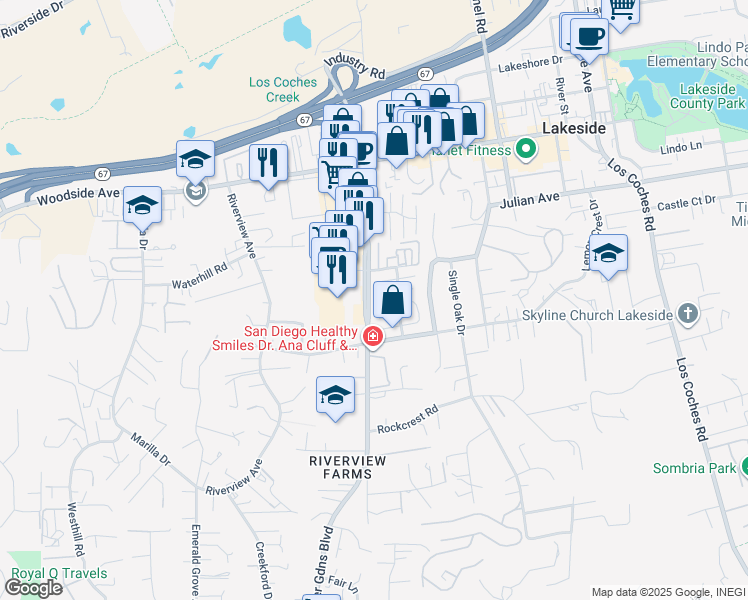 map of restaurants, bars, coffee shops, grocery stores, and more near 12103 Orange Crest Court in Lakeside