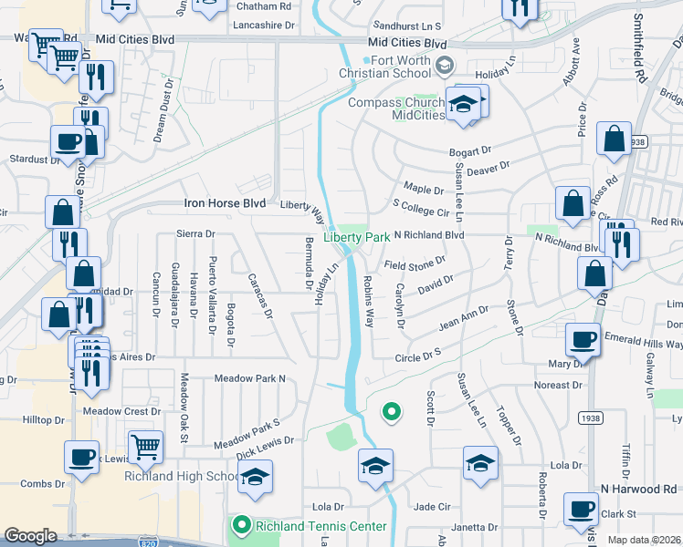 map of restaurants, bars, coffee shops, grocery stores, and more near 5825 Robins Way in North Richland Hills