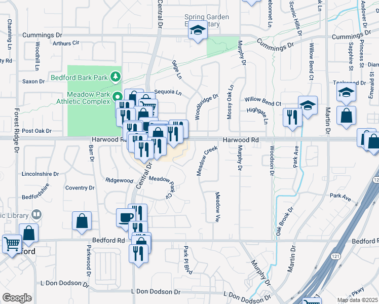 map of restaurants, bars, coffee shops, grocery stores, and more near 2400 Harwood Road in Bedford