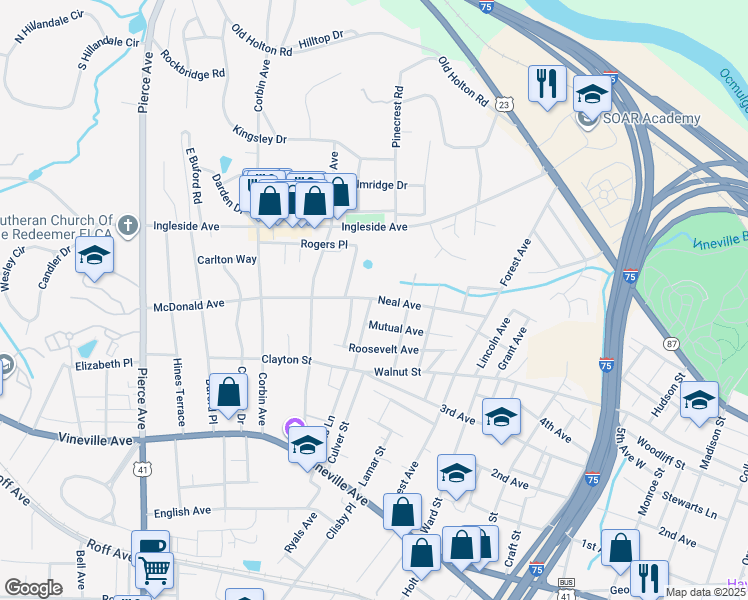 map of restaurants, bars, coffee shops, grocery stores, and more near 2187 Neal Avenue in Macon