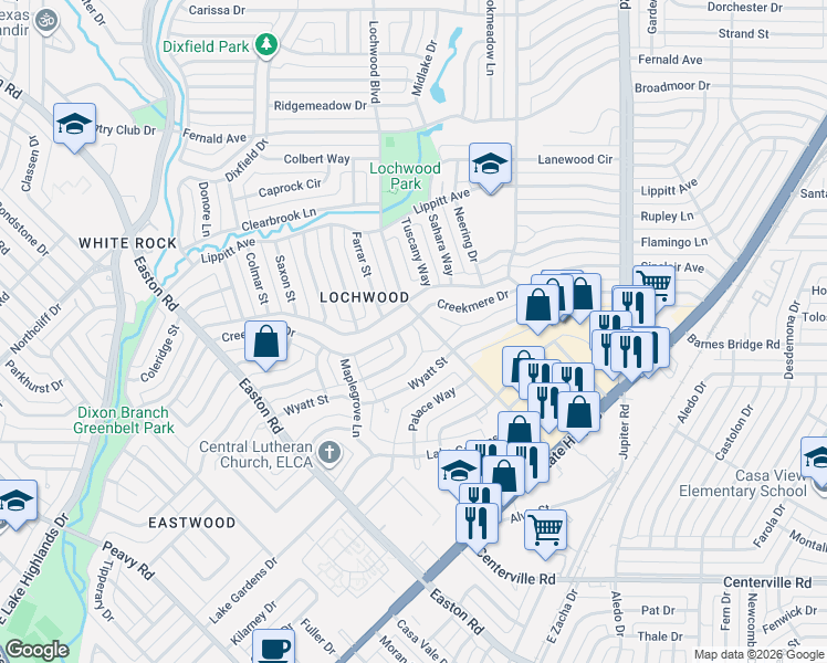 map of restaurants, bars, coffee shops, grocery stores, and more near 10924 Creekmere Drive in Dallas