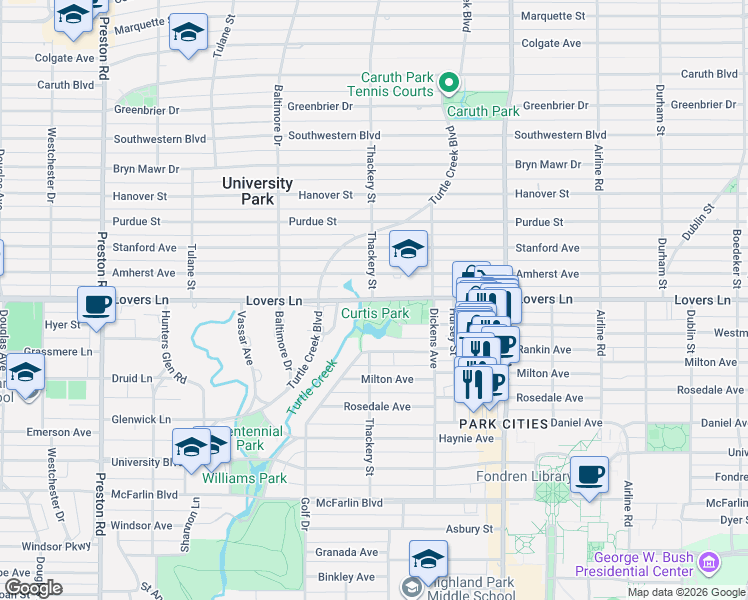 map of restaurants, bars, coffee shops, grocery stores, and more near 3505 Amherst Avenue in Dallas