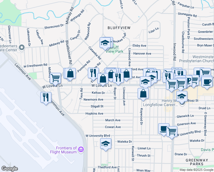 map of restaurants, bars, coffee shops, grocery stores, and more near 4605 West Lovers Lane in Dallas