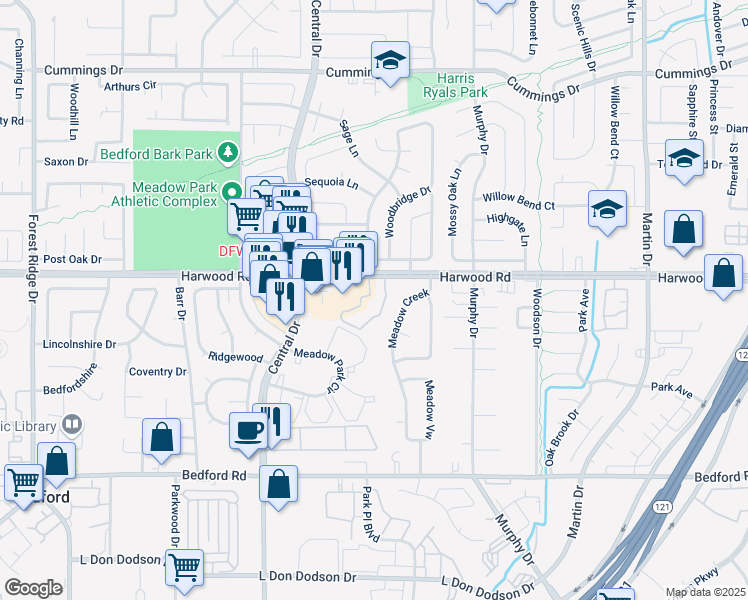 map of restaurants, bars, coffee shops, grocery stores, and more near 2816 Central Drive in Bedford