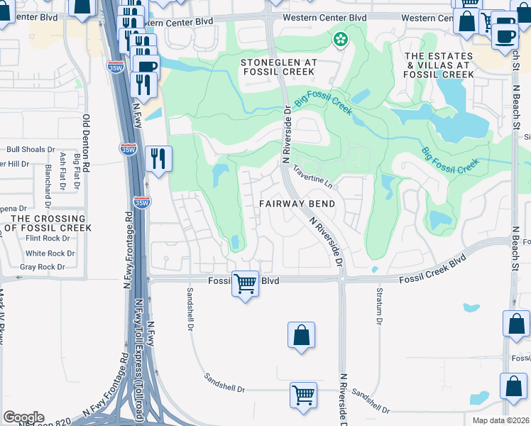 map of restaurants, bars, coffee shops, grocery stores, and more near 6108 Iron Creek Road in Fort Worth