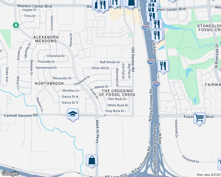 map of restaurants, bars, coffee shops, grocery stores, and more near 5813 Blanchard Drive in Fort Worth
