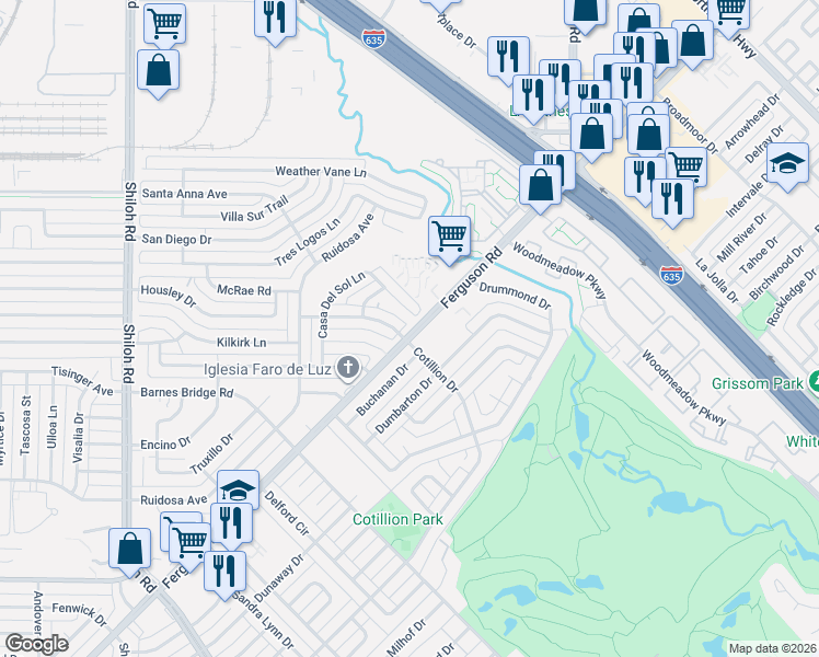 map of restaurants, bars, coffee shops, grocery stores, and more near 11515 Cotillion Drive in Dallas