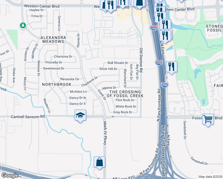 map of restaurants, bars, coffee shops, grocery stores, and more near 2705 Alpena Drive in Fort Worth