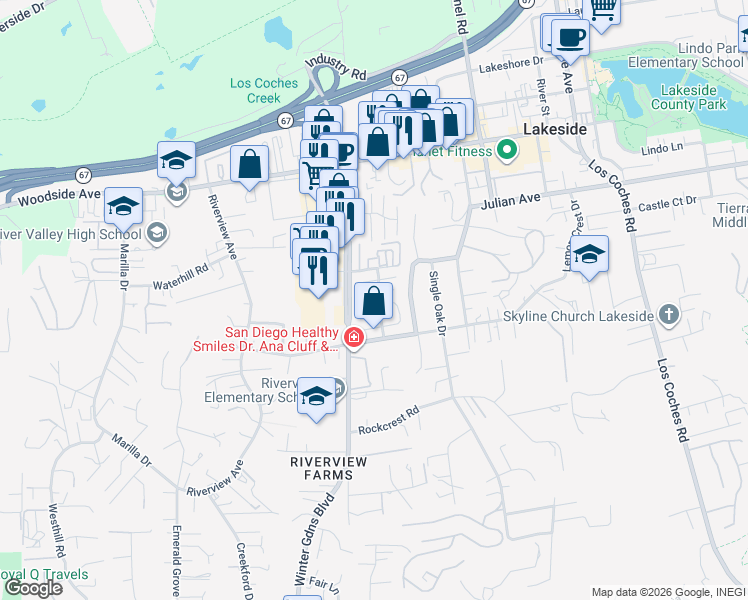 map of restaurants, bars, coffee shops, grocery stores, and more near 12149 Orange Crest Court in Lakeside