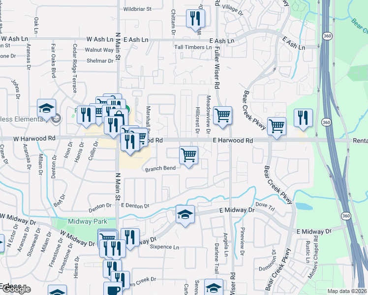 map of restaurants, bars, coffee shops, grocery stores, and more near 1008 Winston Drive in Euless