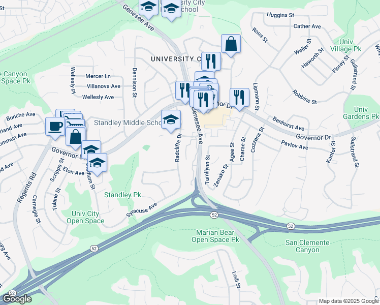 map of restaurants, bars, coffee shops, grocery stores, and more near 6275 Radcliffe Drive in San Diego