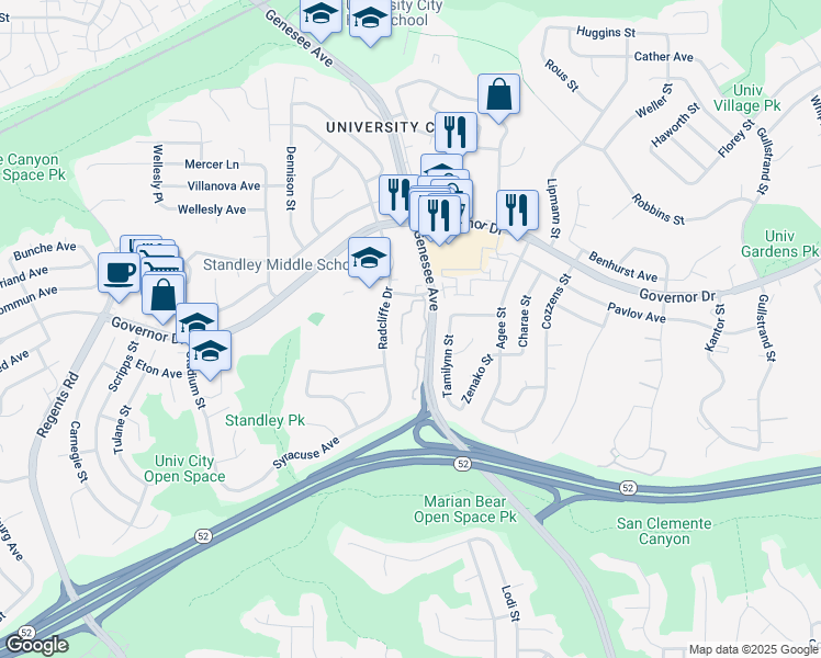 map of restaurants, bars, coffee shops, grocery stores, and more near 6252 Caminito Araya in San Diego