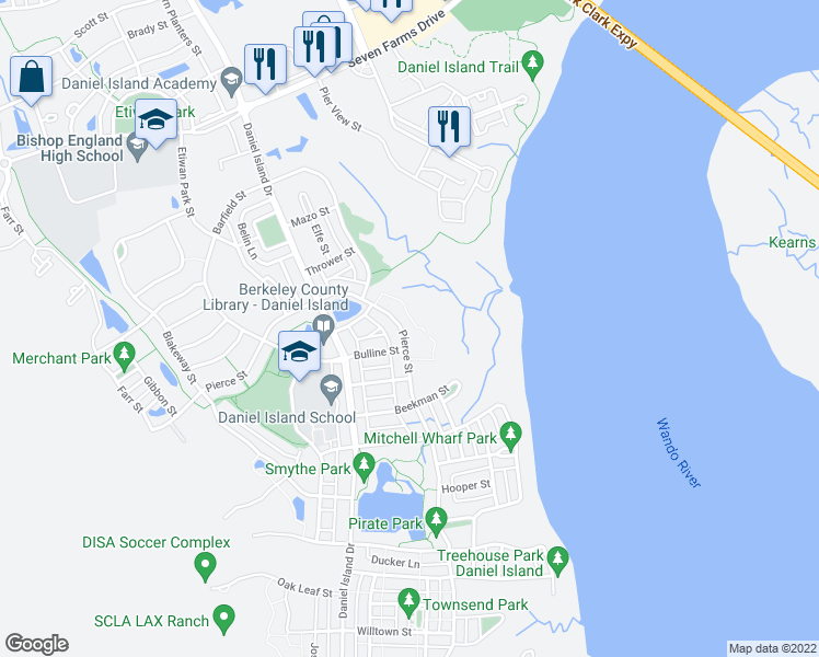 map of restaurants, bars, coffee shops, grocery stores, and more near 1857 Pierce Street in Charleston