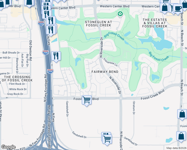 map of restaurants, bars, coffee shops, grocery stores, and more near 6108 Iron Creek Road in Fort Worth