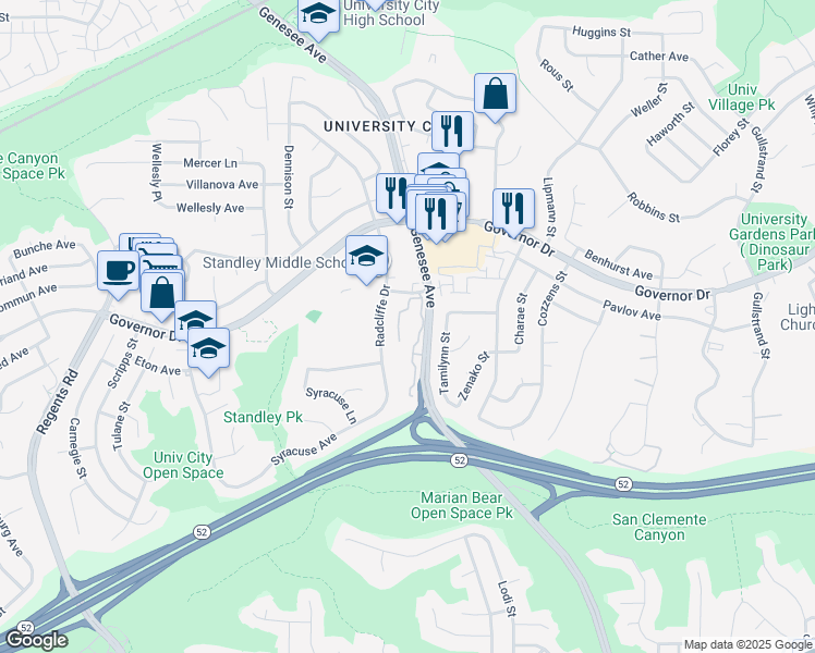 map of restaurants, bars, coffee shops, grocery stores, and more near 6252 Caminito Araya in San Diego