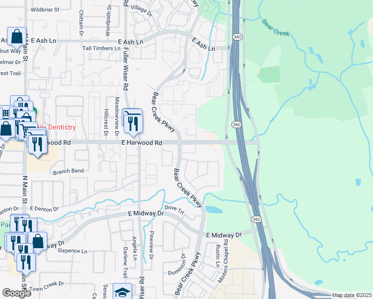 map of restaurants, bars, coffee shops, grocery stores, and more near 918 East Harwood Road in Euless