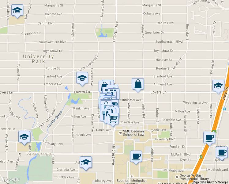 map of restaurants, bars, coffee shops, grocery stores, and more near Hillcrest Ave & Lovers Ln in Dallas