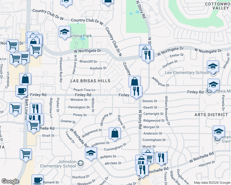 map of restaurants, bars, coffee shops, grocery stores, and more near 2415 Finley Road in Irving