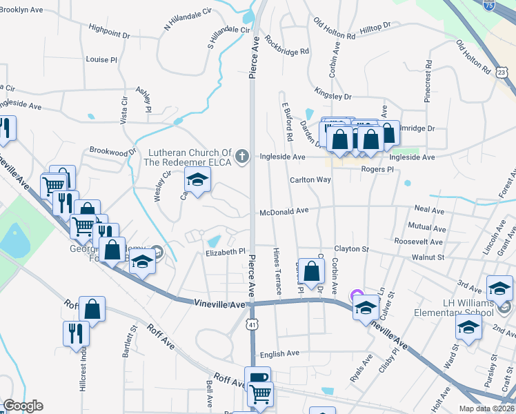 map of restaurants, bars, coffee shops, grocery stores, and more near Pierce Avenue in Macon