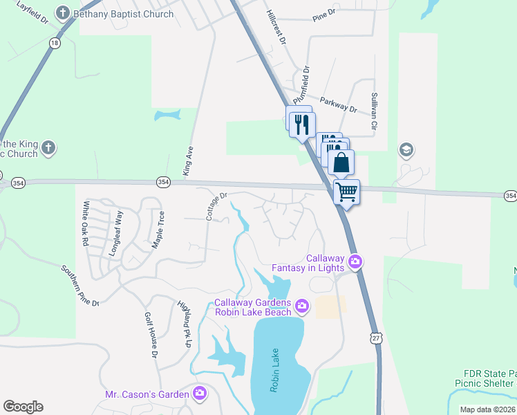 map of restaurants, bars, coffee shops, grocery stores, and more near 2225 Dogwood Lane in Pine Mountain
