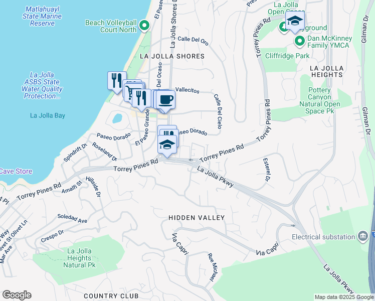 map of restaurants, bars, coffee shops, grocery stores, and more near 2364 Torrey Pines Road in San Diego